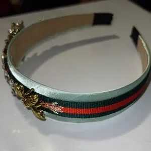 NEW White Satin Red Green Ribbon GG Bee Faux Pearl Gold Tone Charm Headband ?Red and Green ribbon with bees, I main image 3